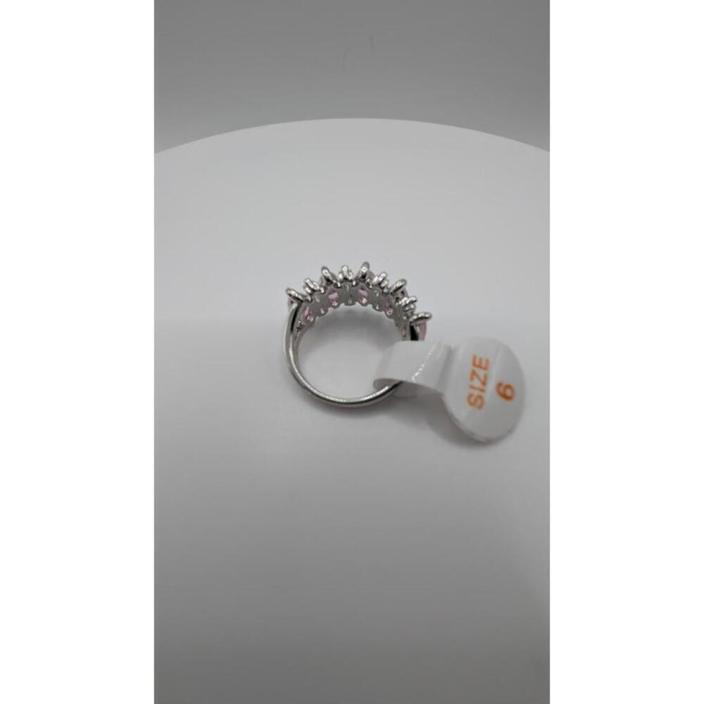 Silver Tone Ring with Pink Gemstones, Size 6